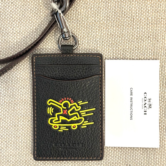 Coach X Keith Haring LEATHER SKATEBOARD LANYARD ID HOLDER CASE BLACK NO TAG - Picture 1 of 6